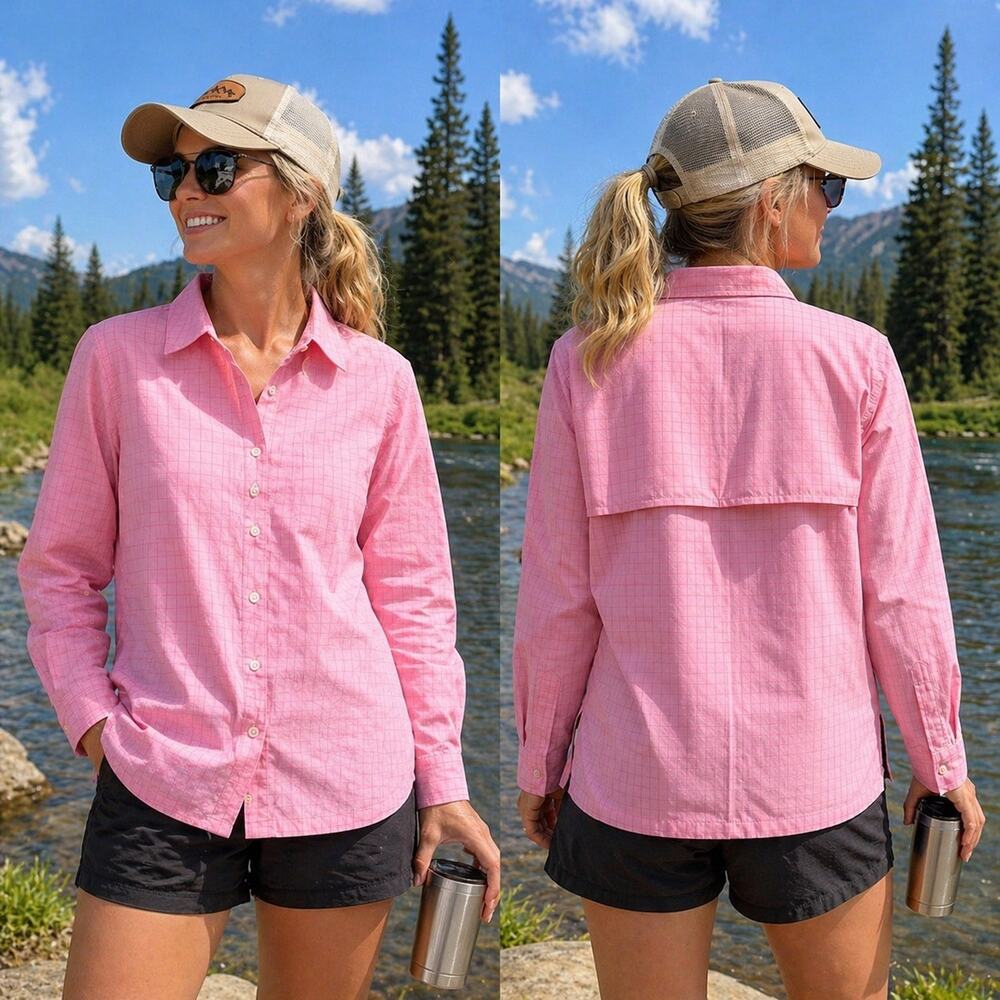 Coolibar UPF 50 Sun Shirt Womens XLP Pink Check Vented Fishing Lightweight Shirt
